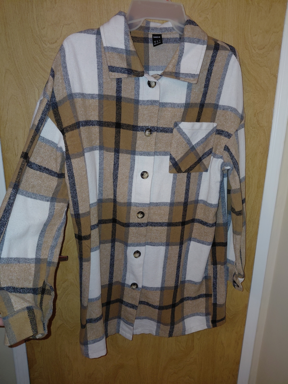 SHEIN Tan White and Blue Plaid Button-Up Shacket